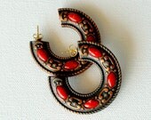 80's Big Chunky Earrings Copper Hoop Red Coral Summer Statement Jewelry