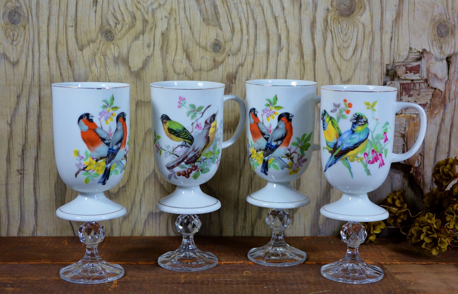 Vintage teacup wine glasses / birds / tea cup wine glass / teacup wine glass / weddings / parties / shabby chic