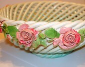 Vintage Italian Capodimonte Style Bowl.  White with Green Overtones.  Pink Rose Flowers
