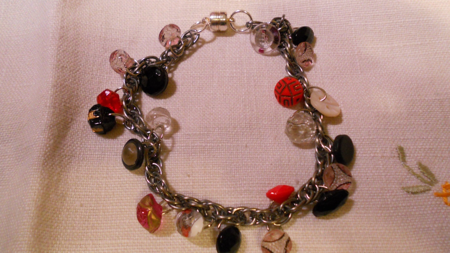 vintage petite button charm bracelet, red black white and crystal