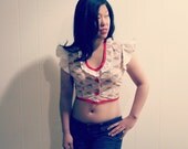 blouse handmade 1940s vintage reproduction tribal print ruffles womens cropped top small red