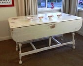Rustic Antique White Vintage Dining Table / Distressed / Solid /  Wooden / Gate-leg / Drop-side