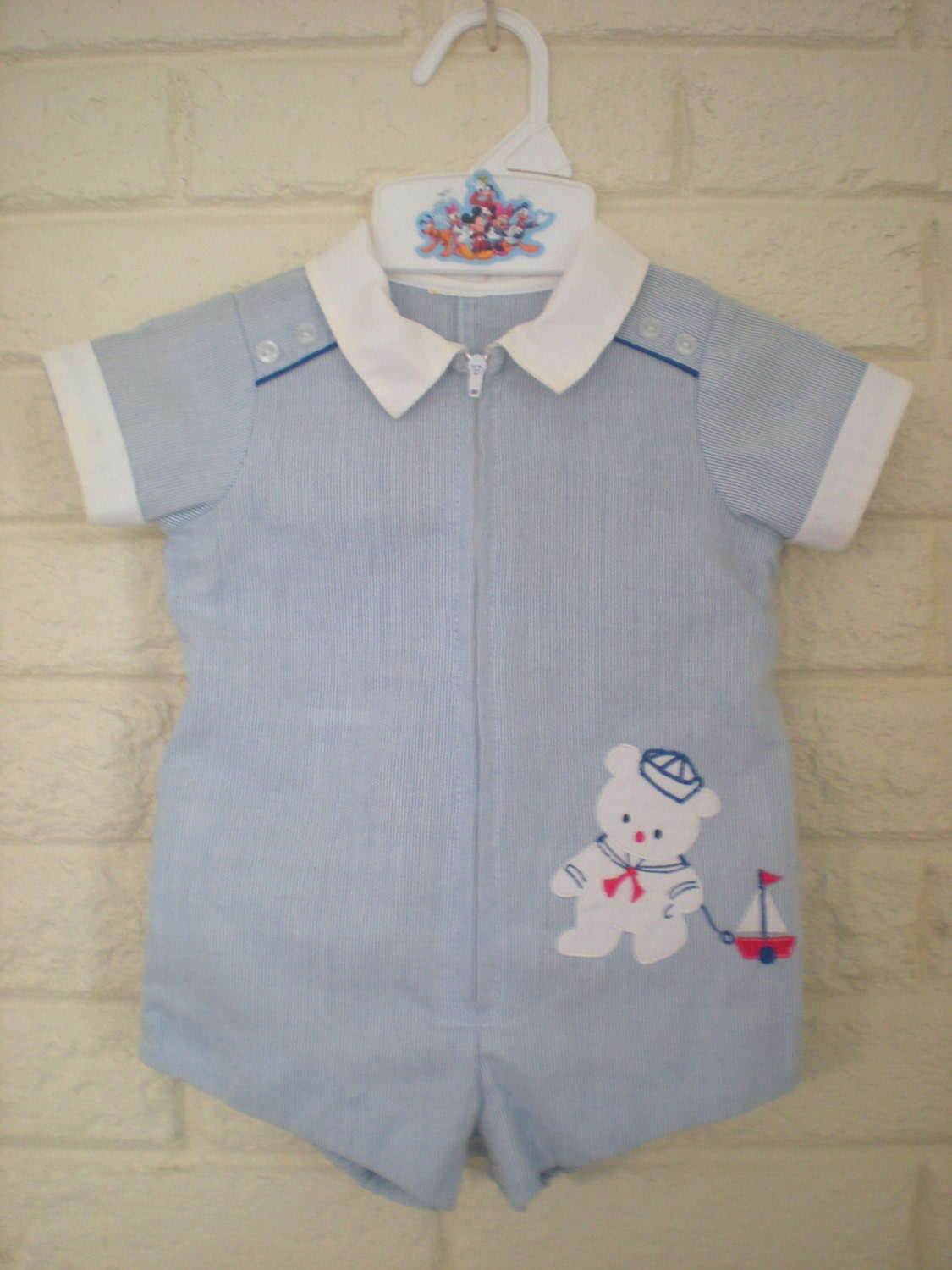 Blue Sailor Romper with Bear and Sailboat Applique, Size 6 months