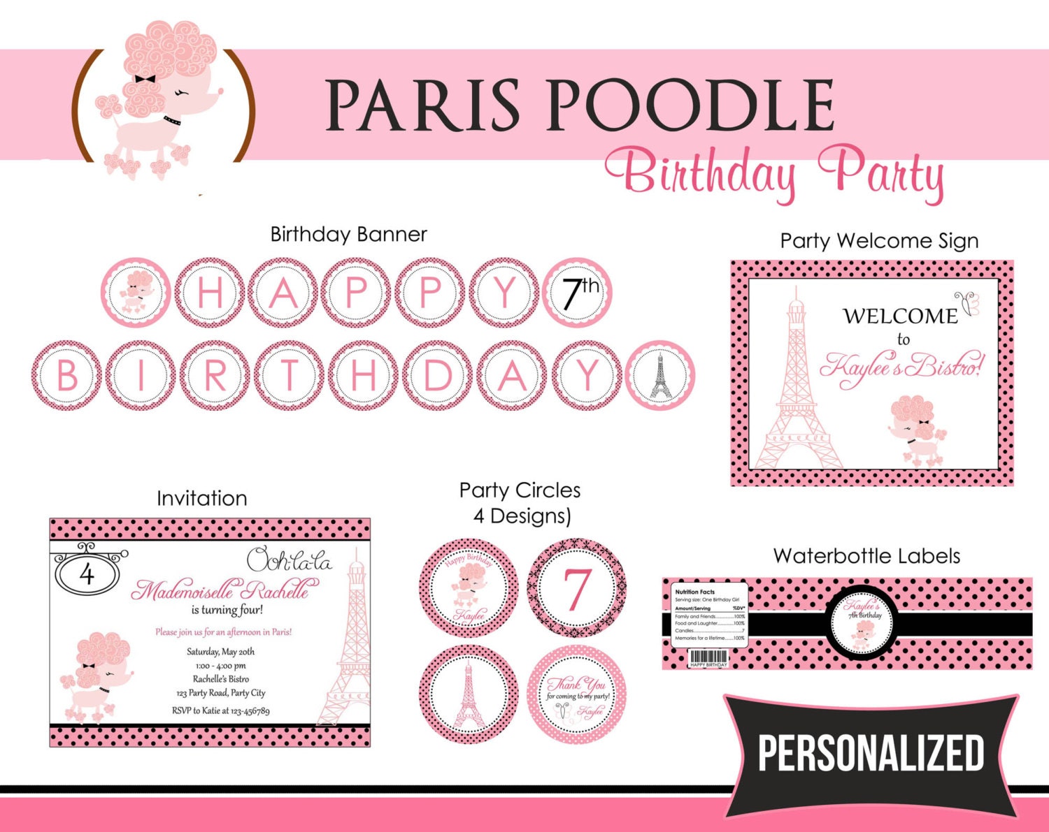 Pink Poodle Paris Party Package PRINTABLE DIY for Girls PERSONALIZED - Invitation, Party Circle, Banner, etc
