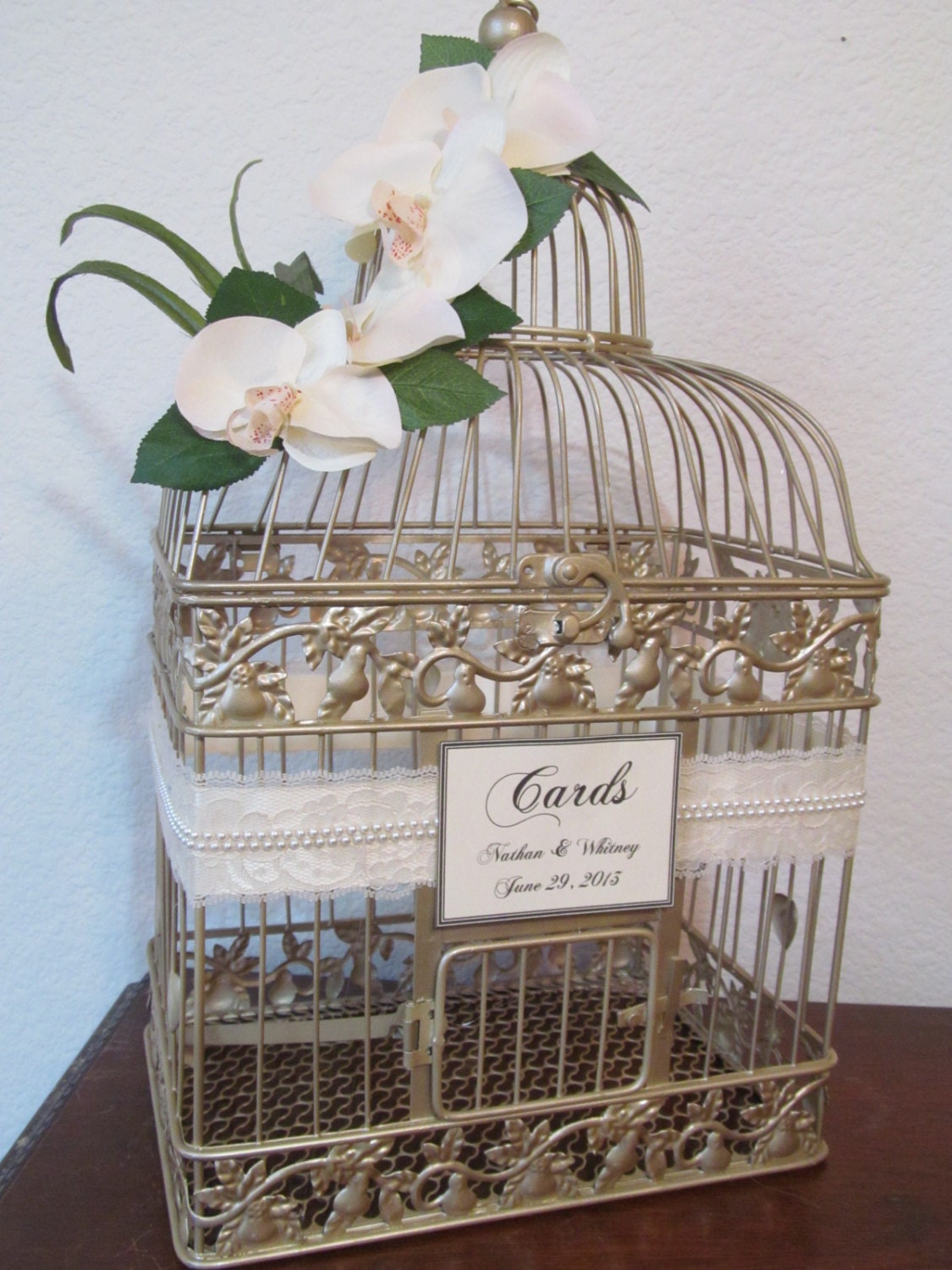 Glam Wedding Card Box / Champagne Birdcage / Orchids / Romantic / Bird Cage Card Holder / Pearls and Lace