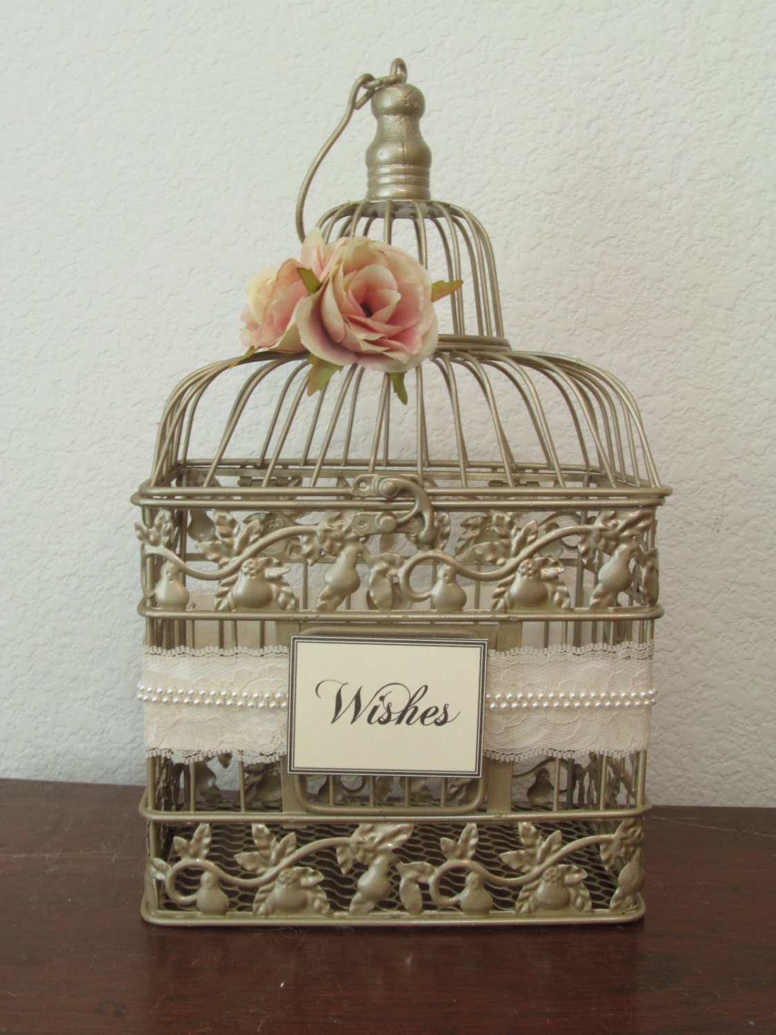 Small Wedding Card Box / Champagne Birdcage / Pearls / Bird Cage Wedding Card Holder / Elegant / Gold