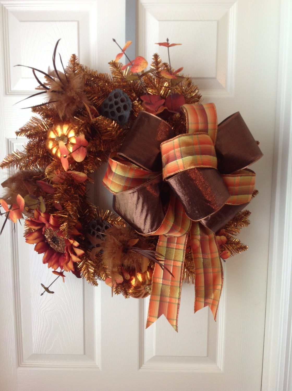 Fall Wreath, Autumn Wreath, Copper Pine with Fall Plaid Ribbon