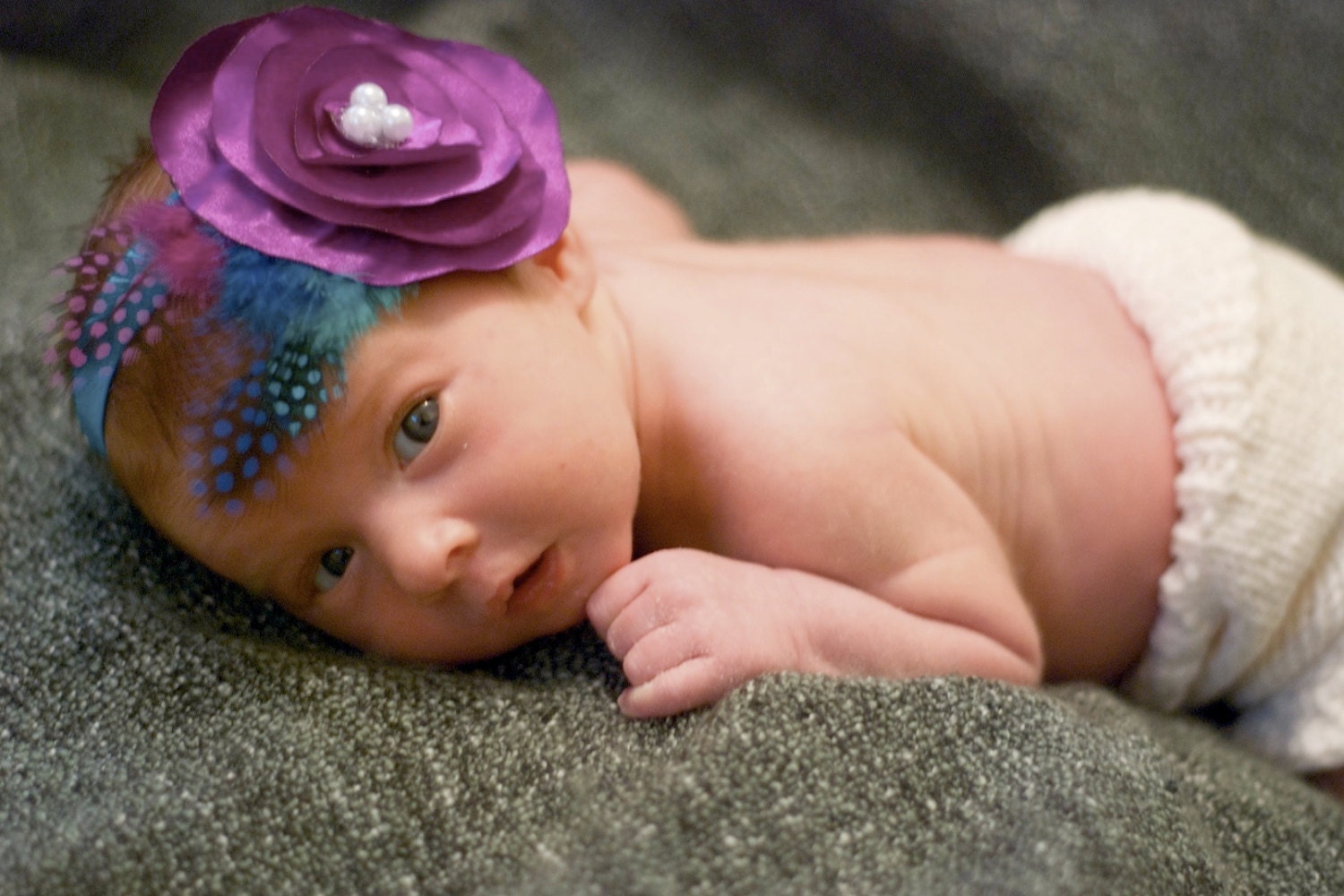 SET OF 2--Baby Girl-Fabric Flower, Yo-yo, felt flower, ruffled Elastic Headband- 3 months and up