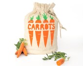 CARROTS: Eco-friendly hemp organic cotton reusable drawstring bag. Handmade kitchen housewares. Store fresh veggies. Small Size 3.
