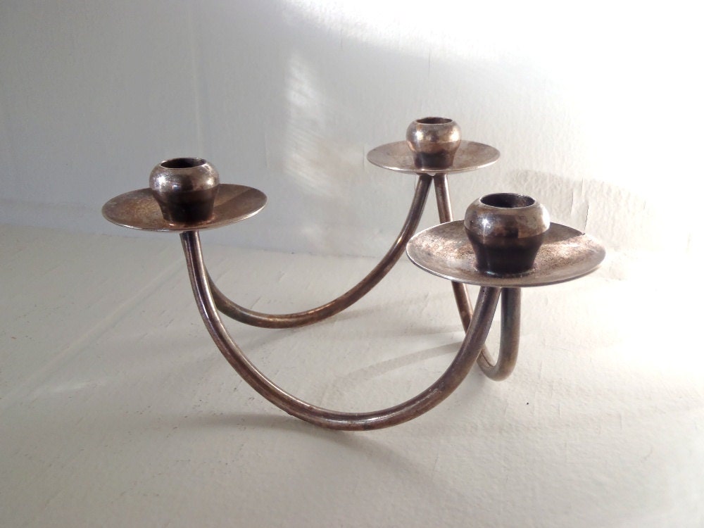 Vintage Selandia Silver Plate Candle Holder Made in Denmark, Mid Century Danish Modern, Holder for Three Taper Candles, Centerpiece