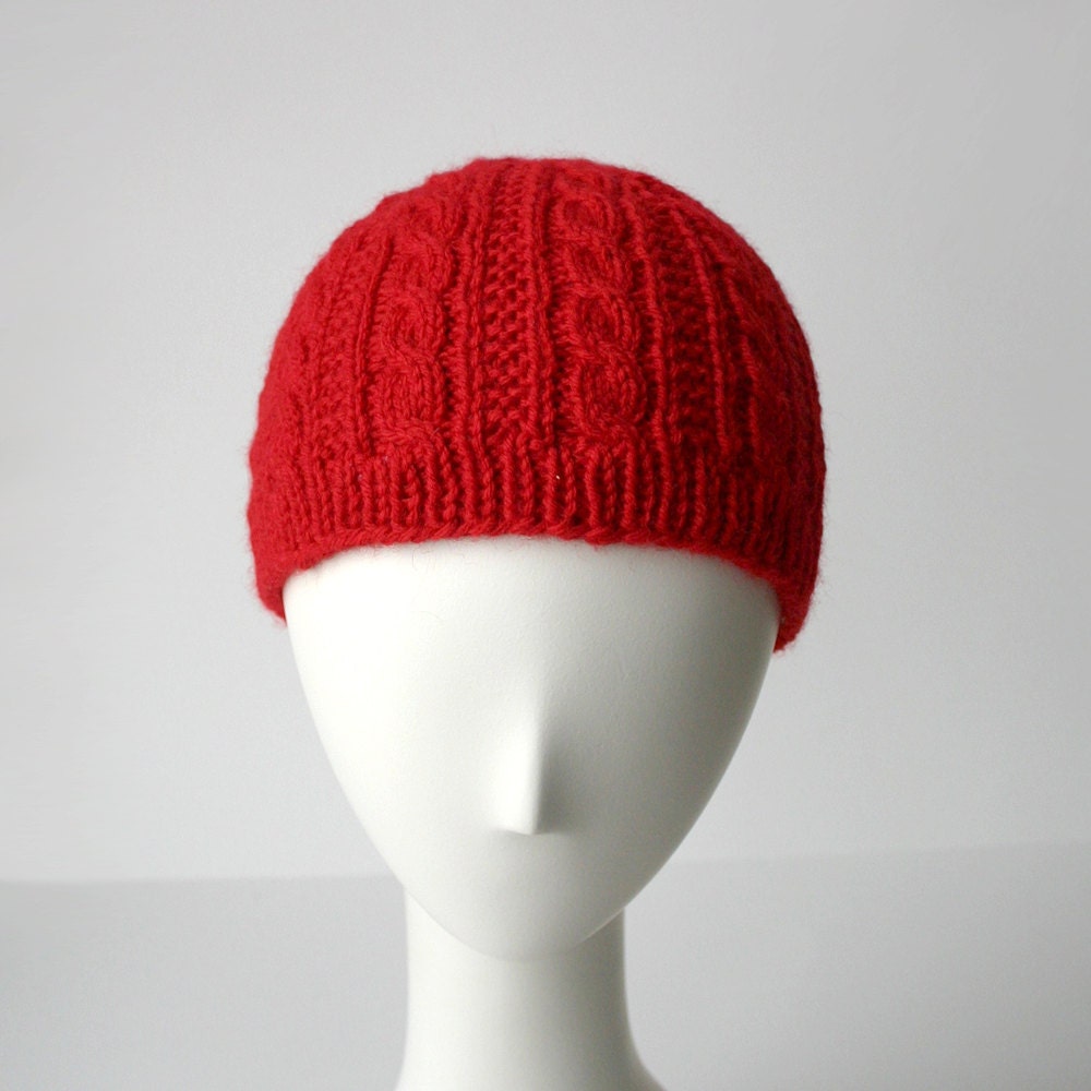 Hand Knit Cable Hat in Red