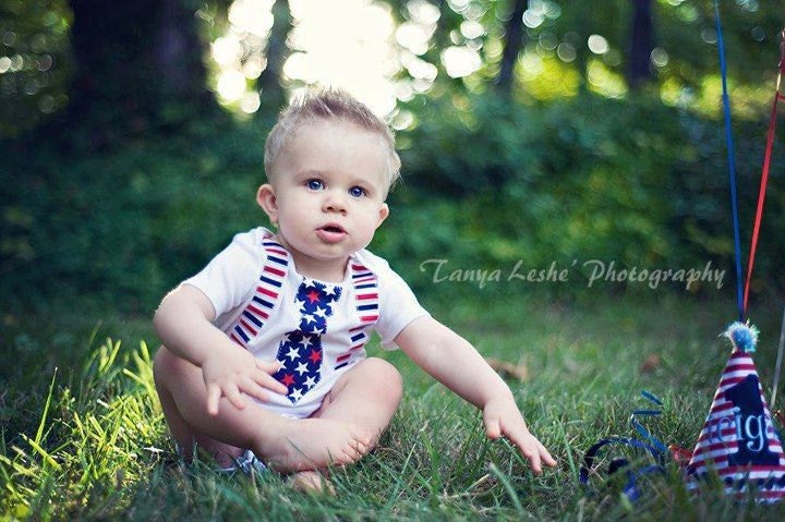Summer 4th of July Baby Onesie Boy Tie Onesie Suspenders Onsie Stars and Stripes Photo Prop Birthday Outfit