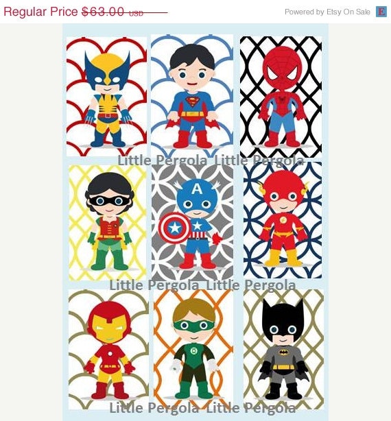 SALE Superhero Digital Art Prints 5x7" set of (9) nine prints, cute for a little superhero nursery, Little Boy art,nursery, o