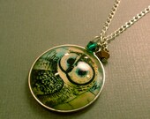 Owl Necklace: Handmade Owl Cabochon Necklace, Owl Pendant, Framed Glass, Owl, Bird Necklace