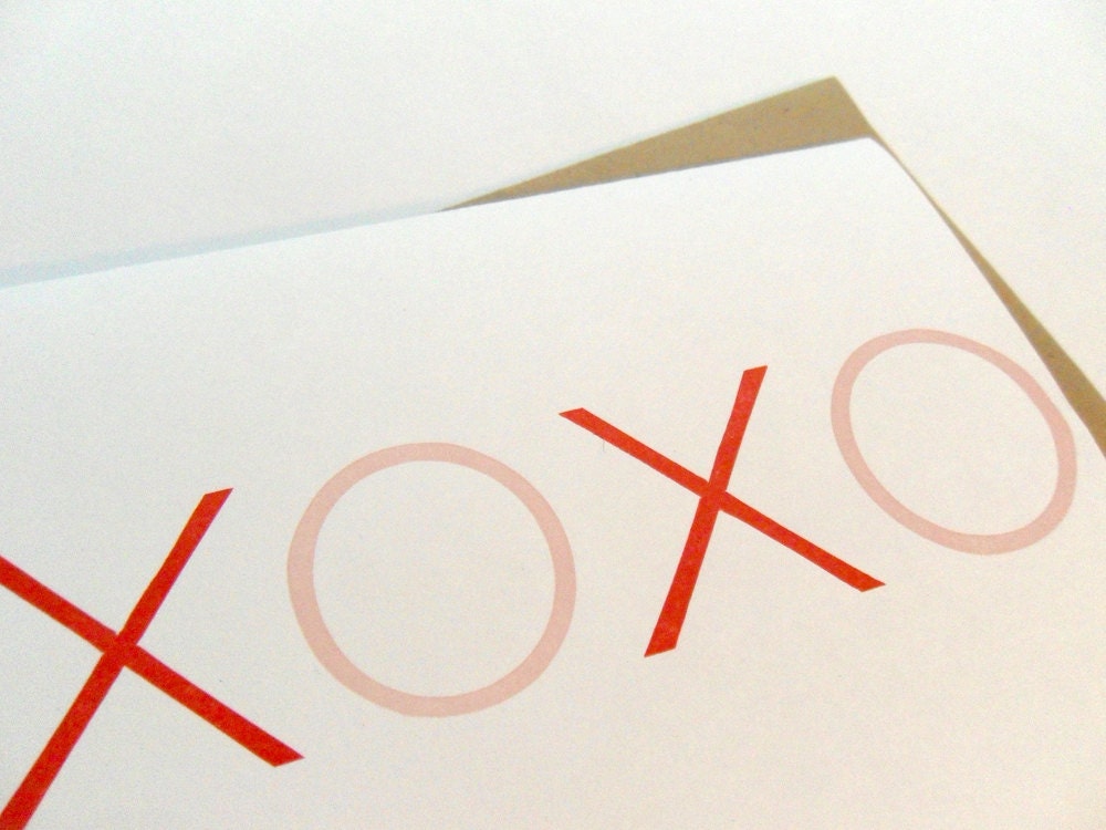 Valentine's Card set - Letterpress XOXO - Blank inside - pink / red / white