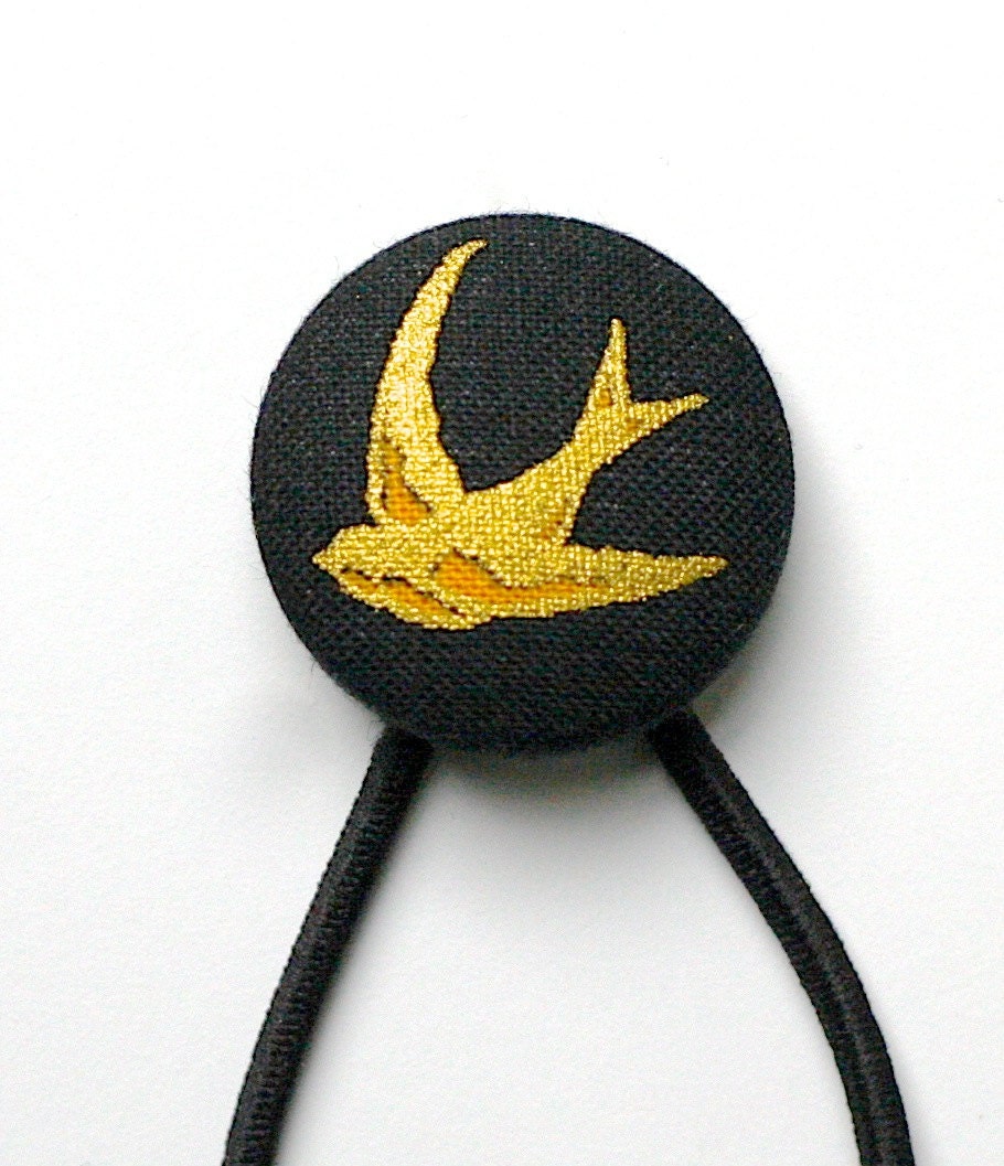 LUX Black and Metallic Gold Swallow Covered Button Hair Tie (Ponytail Holders) Snagless Elastic