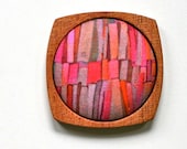 Wooden Brooch / Pendant - Liberty of London and Mahogany - Red Pink Orange Bookshelves