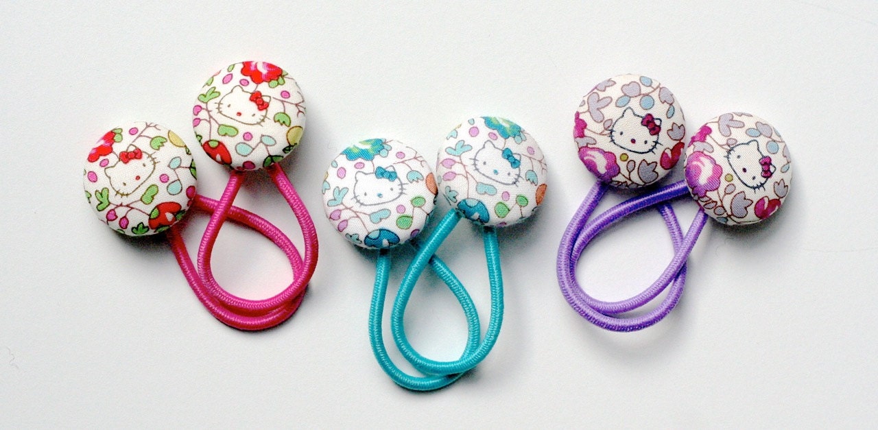 Liberty of London and Hello Kitty Triple Set of Button Hair Ties - Mini Pairs  - Hot Pink Aqua and Lavender Purple