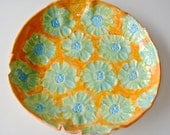 Flower Plate, Flower Bowl, Hand Painted Ceramic serving dish with flowers for Spring Decor, in tangerine and turquoise