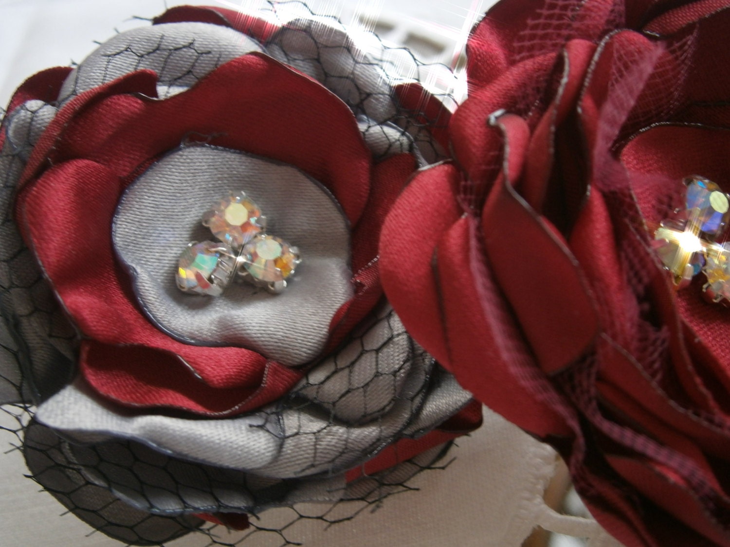 Red Black Gray Fabric flower rings - Adjustable rings - Flower  rings
