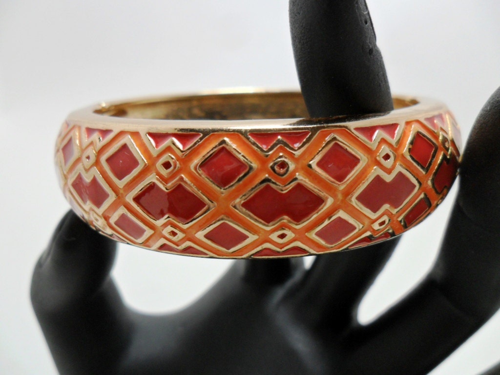 Vintage Bracelet / Bangle / Cuff Hinged Orange Red Oxblood Enamel Gold Tone Metal Aztec Design Statement Jewelry Art Deco Retro 1980s