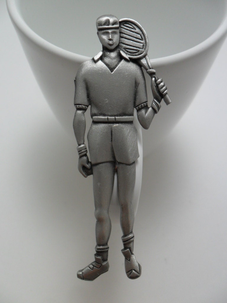 Vintage Brooch / Pin Signed JJ Tennis Player Man Male Tennis Racket Tennis Shoes Pewter / Silver Tone Metal Art Deco Retro 1980s