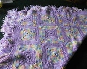 Handmade Crocheted Baby Blanket, NEW, purple with pastels afghan for Infant