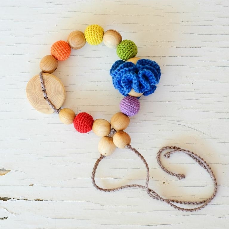 Large  Rainbow Teething Ring with wooden button & crochet flower