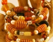 Bone, Wood and Mixed Bead Memory Wire Bracelet.  Cool.  Gift.