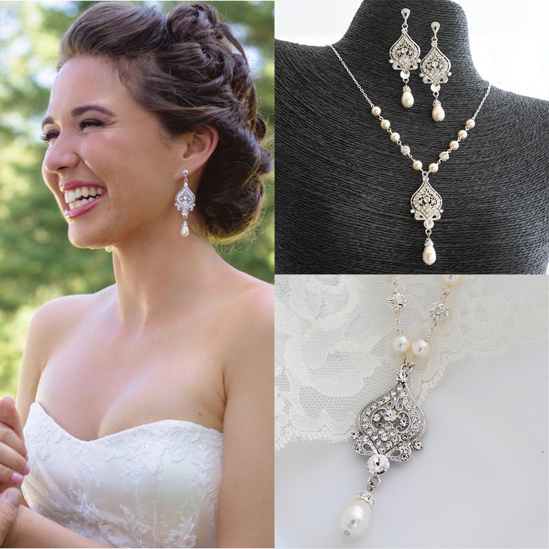 GRACE, Bridal Necklace, Wedding Jewelry SET, Wedding Earrings, Victorian Style Statement, Ivory or White Swarovski Pearl and Crystal Jewelry