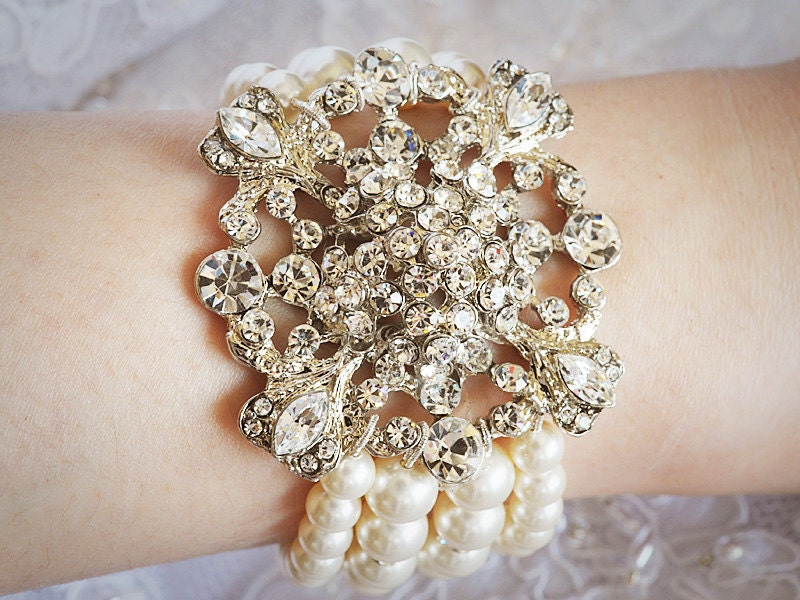 Victorian Style Bridal Bracelet, Swarovski Pearl Wedding Bracelet Jewelry, Rhinestone Bridal Bracelet Cuff, Silver Filigree, SHAMIRA