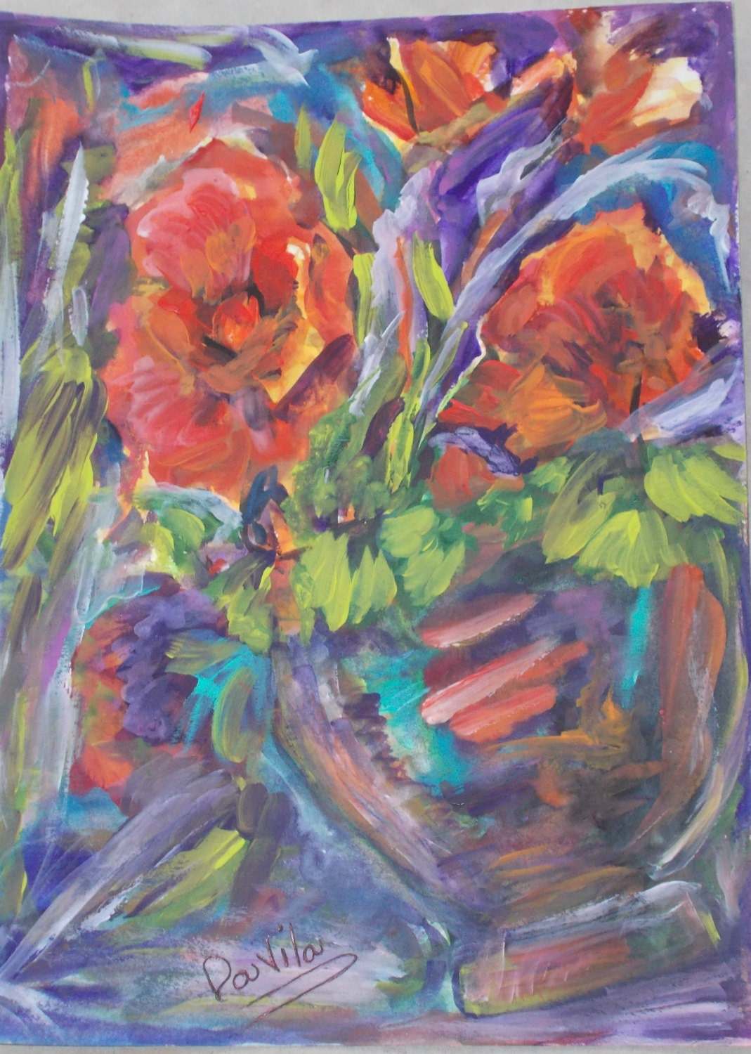 Original vibrant poppies in tilted vase mixed media watercolor and acrylic direct from artist signed