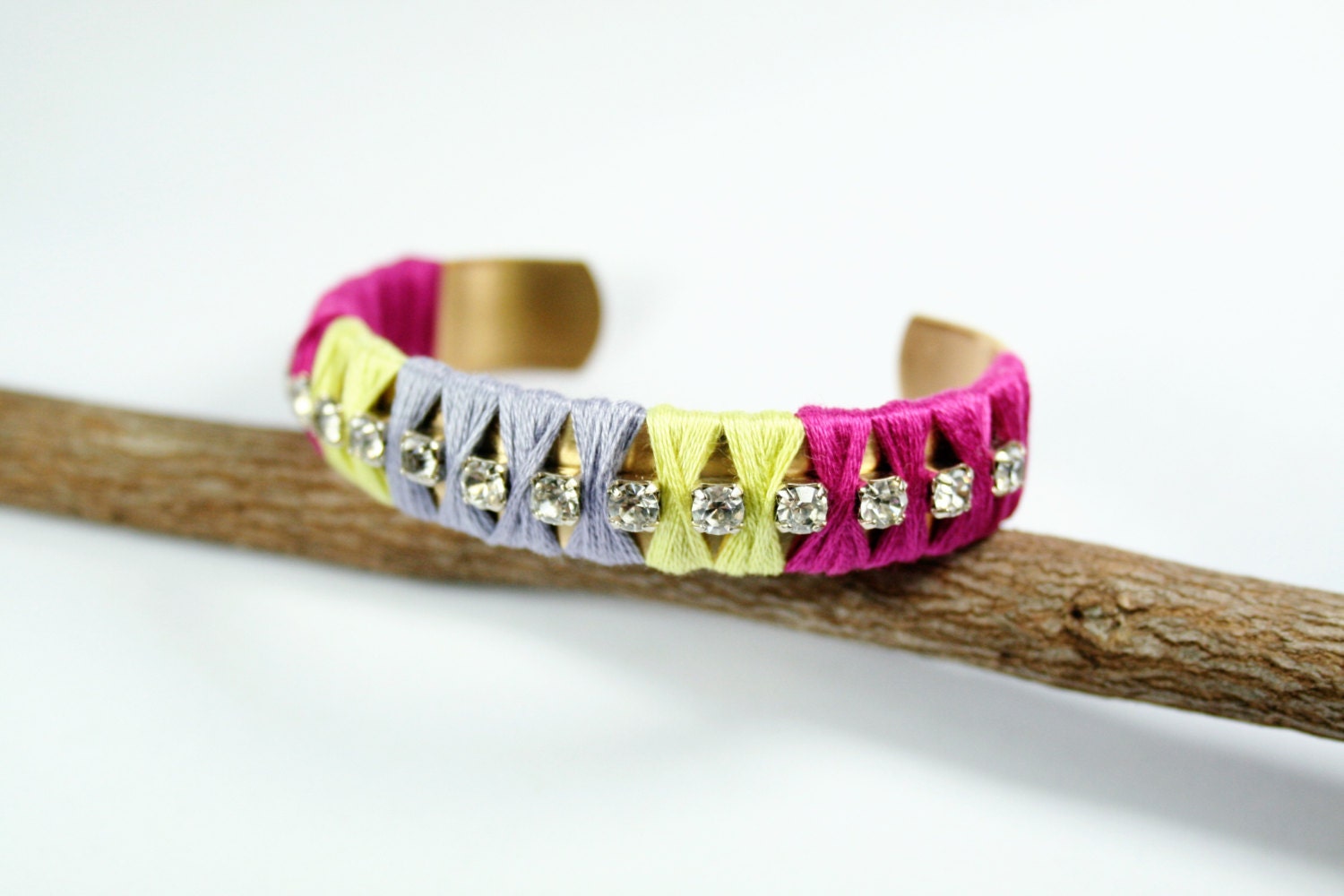 Pink, Pale Green & Pale Purple Fiber Wrapped Copper Bracelet Studded with Rhinestones