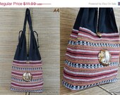 ON SALE Elephant Shoulder Bag Purse - Hand Woven IKAT Cotton Hippie Hobo Carved Coconut Shell A4