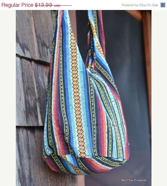 ON SALE Hand Woven Cotton Bag Purse Hobo Hippie Sling Crossbody Messenger IKAT Lined Top Zip A19