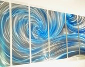 Icy Ocean Dance 66 x 24 blue silver abstract metal art sculpture shiny classy modern wall decor painting by Lubo