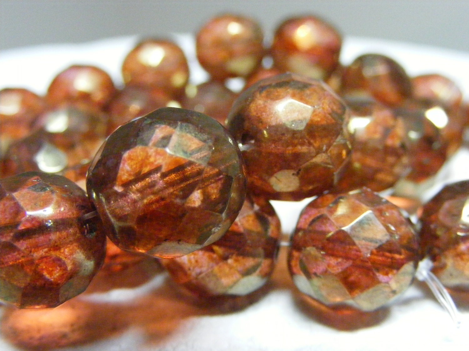 TOASTED . picasso faceted round czech glass bead . 12mm . 4 each