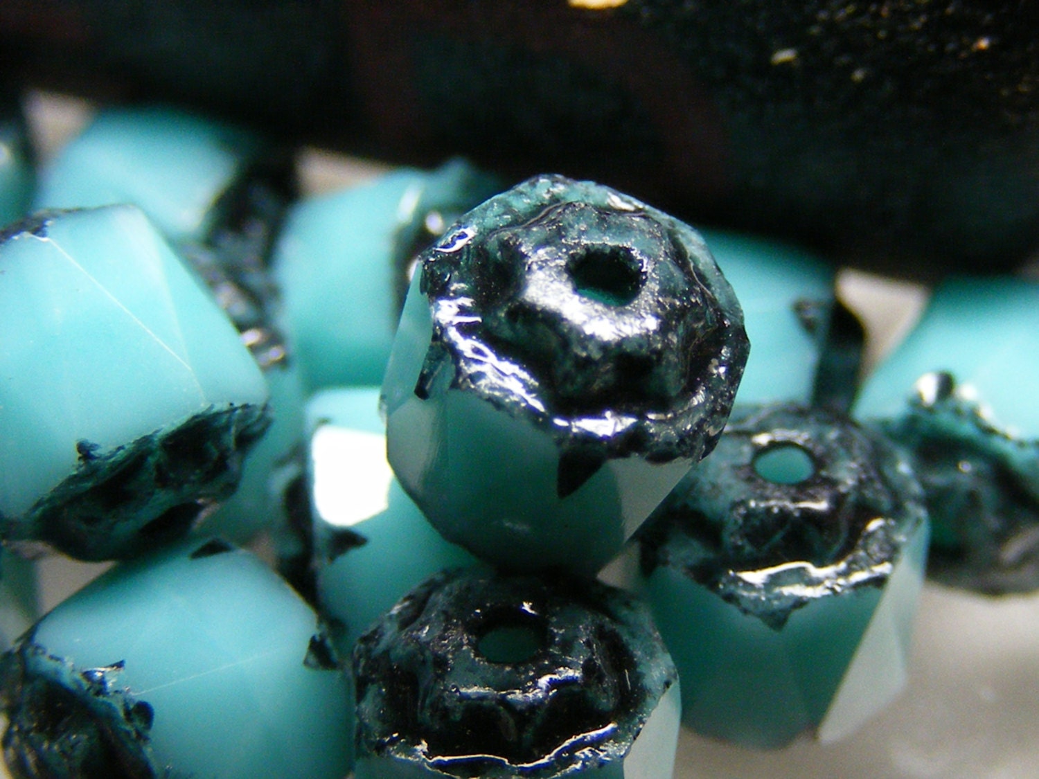 OLD WORLD . Czech Cathedral Glass Beads . turquoise black . 8 each . 6mm