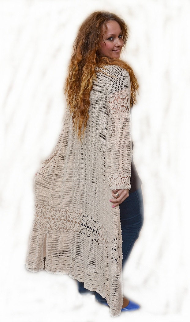 Light Beige- linen crocheted coat  handmade lace long elegant spring beach summer