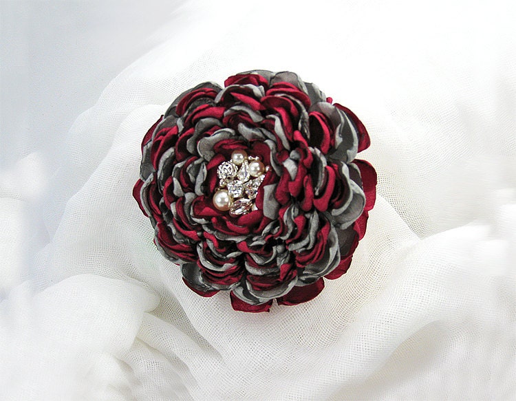 Bridal Hair Clip - Sangria and Gray with Swarovski Pearls and Crystals Pin for Bride, Bridesmaid, Event or Formal Occasion.