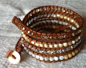 Earth Tones 5 Wrap Bracelet with Natural and White Mother-of -Pearl and Agate Brioche Beads and Swarovski Crystals on Natural Brown Leather