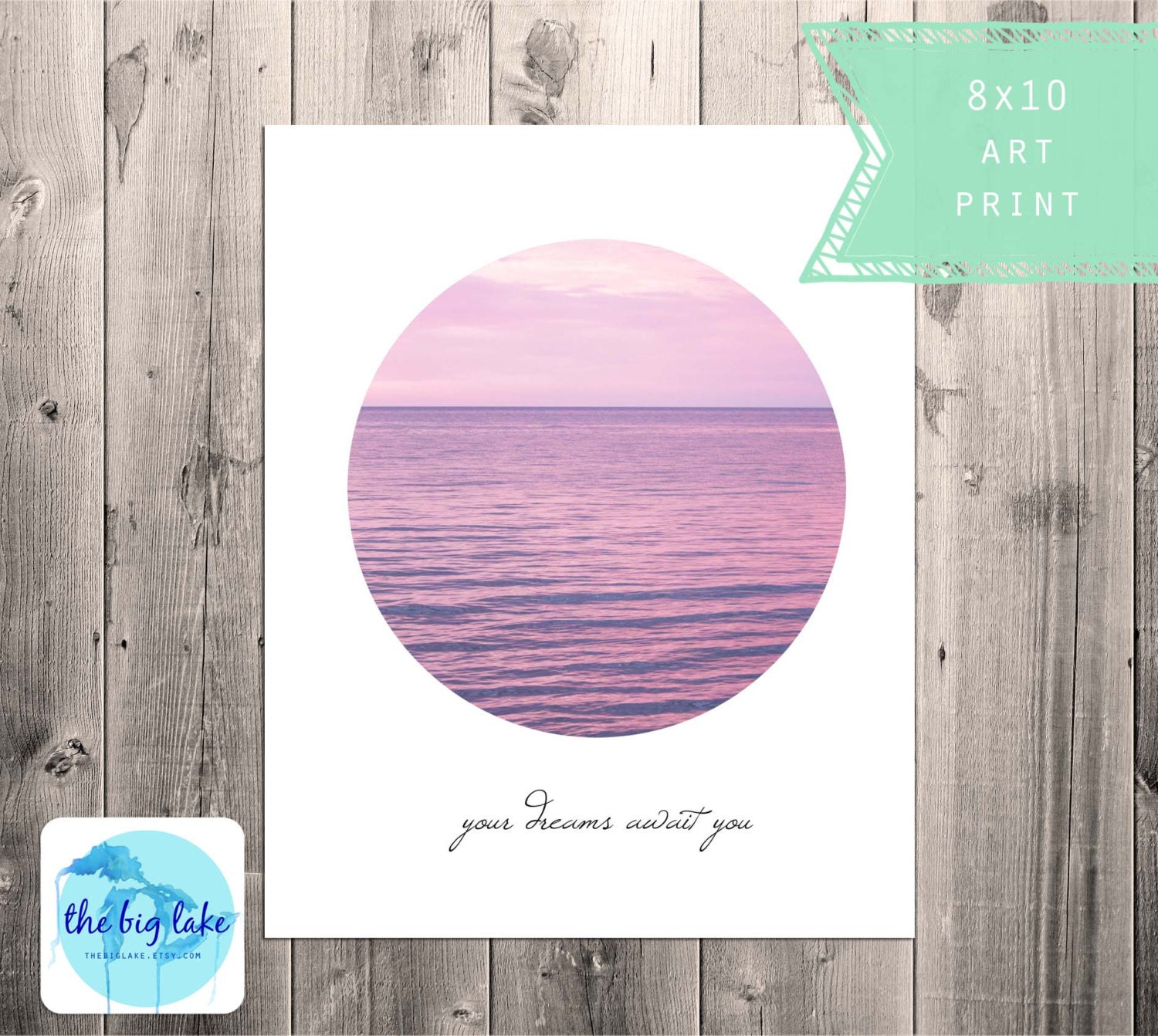 Your Dreams Await You - Modern Print - Circle Quote - Water - Sunset - Purple - Hipster - Affordable Art - Decor - Motivation - Inspiration