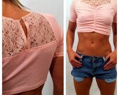 Vintage pink crop top lace detail on chest & back stretchy M