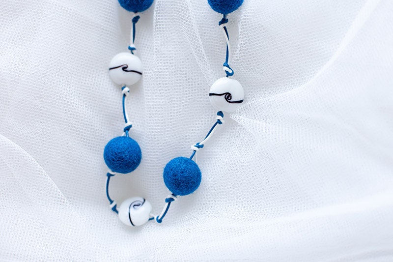 FREE SHIPPING Hand felted long necklace in navy blue and white. Felted balls and glass beads. Fiber art. Marine colors, summer style. Sailor - EttarielArt