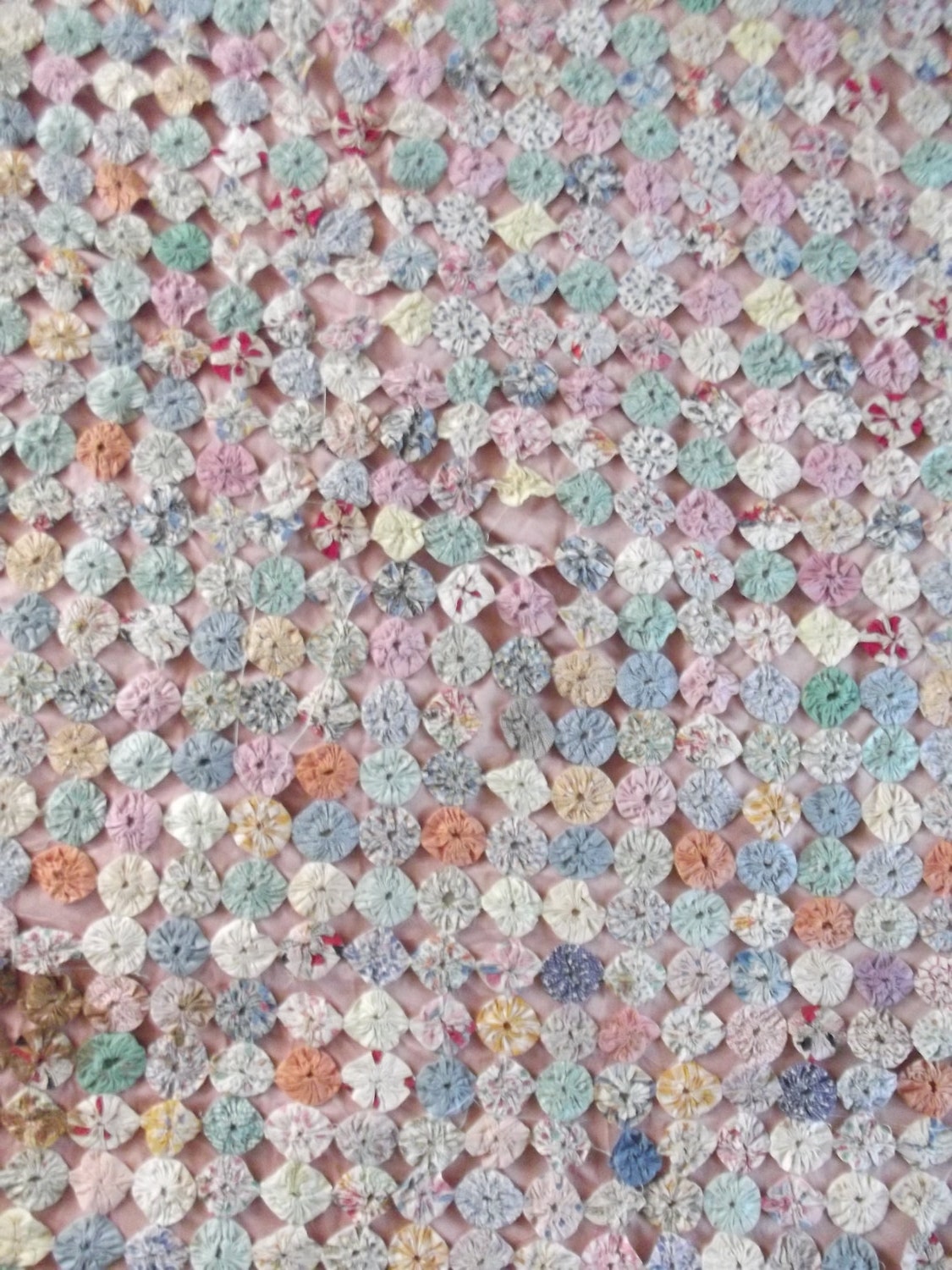 Worn and Torn Vintage YOYO Cover Patchwork Quilt Coverlet