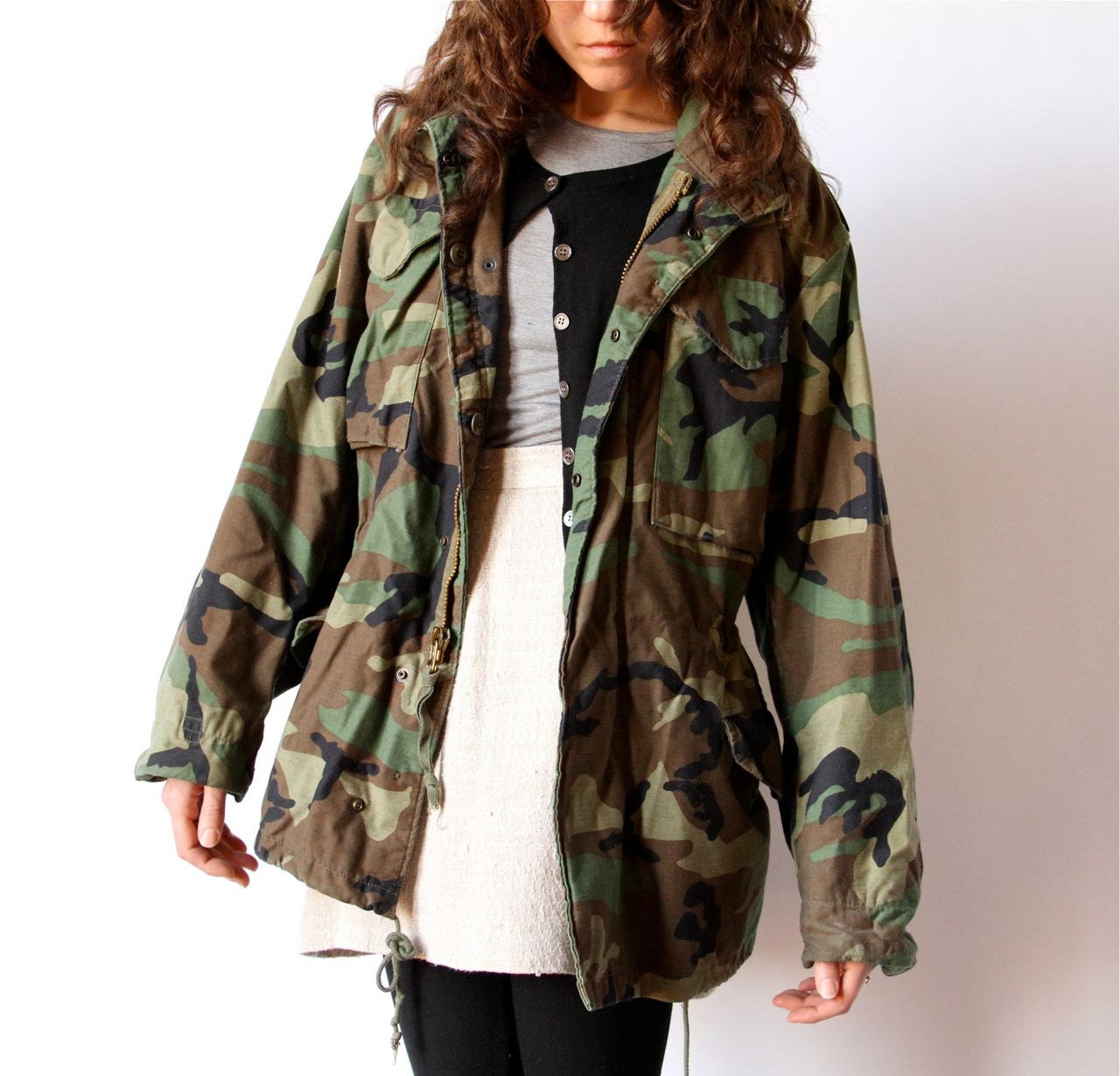 Cinched Military Parka, US Army issue camo field jacket olive drab green camouflage coat, patches, unisex grunge outerwear