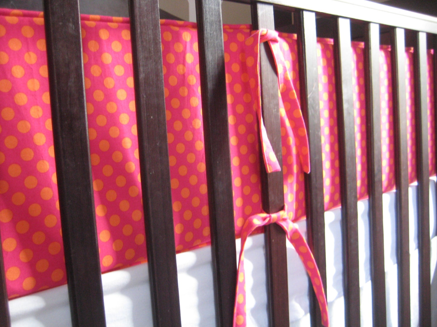 Crib Bumper with Piping and Fabric Ties - One Piece made with Nu-Foam Breathable Bumper Pads- Bubblegum  Ta Dot