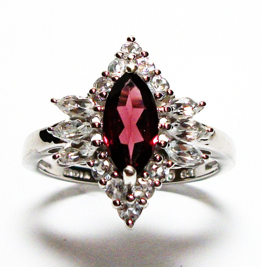 Garnet and white topaz accent marquise ring s 9  "Enchantment"