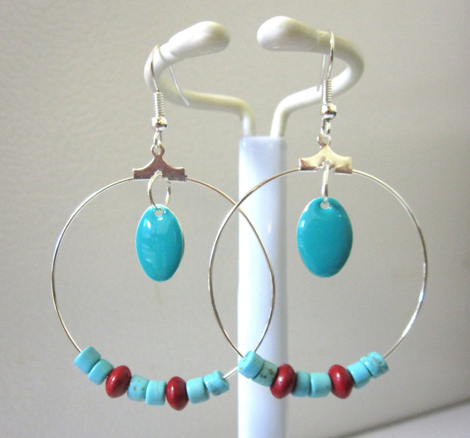 Hoop Earrings Blue Enamel Earrings Turquoise Blue & Red Jewelry