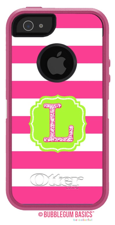 OTTERBOX DEFENDER iPhone 5 4/4s Case Custom Hot Pink Stripes Flourish Glitter Initial Frame Pattern  - 3 Letter Monogram Personalized